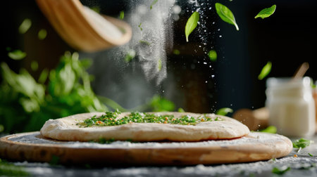Captivating image of pizza dough being sprinkled with fresh herbs and seasoning, showcasing the artistry of culinary preparation in a vibrant kitchen setting.の素材