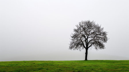 A solitary tree stands tall in a misty landscape, surrounded by fresh green grass. The atmosphere is tranquil, evoking serenity and solitude.の素材