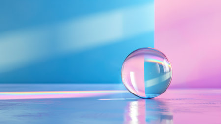 A clear glass sphere rests on a smooth surface against a pastel blue and pink background, showcasing soft light reflections and vibrant color effects.の素材