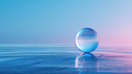 A serene blue sphere rests on a smooth water surface, creating tranquil reflections against a soft gradient backdrop, evoking a sense of calm and peace.の素材
