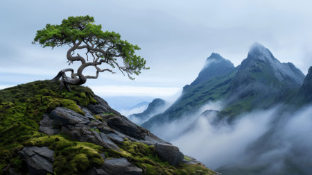 This stunning image captures a serene mountain landscape featuring a lone tree on rocky terrain, enveloped in mist, conveying tranquility and natural beauty.の素材
