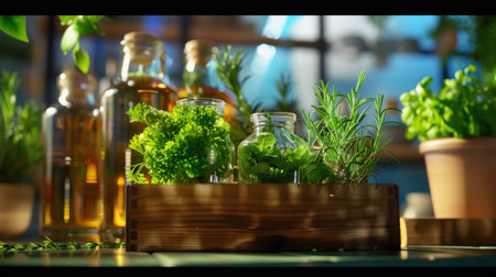 Captivating arrangement of fresh green herbs and glass bottles filled with essential oils, illuminated by natural light, enhancing any culinary space.の素材