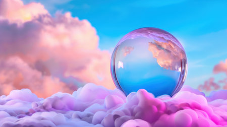 This enchanting image showcases a glass sphere resting on fluffy clouds, reflecting stunning pastel colors of a serene sky at sunset, evoking tranquility.の素材
