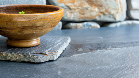 A rustic wooden bowl rests on a slate surface, complemented by a stone wall background. The composition highlights natural textures, ideal for decor inspiration.の素材