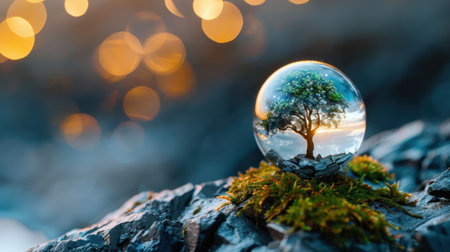 A crystal ball sits on moss-covered rocks, capturing a stunning reflection of a tree and landscape with enchanting bokeh lights, evoking tranquility.の素材