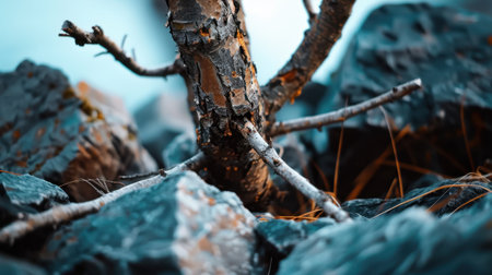 This close-up image showcases a resilient tree growing amidst rugged rocks, highlighting the beauty of nature's perseverance in a serene landscape.の素材