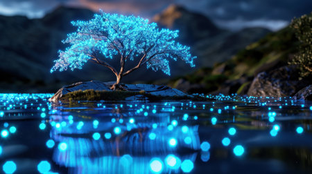 A breathtaking depiction of a luminous blue tree standing on a tranquil water surface, surrounded by mountains under a starry twilight sky.の素材