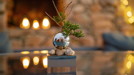 A stunning tabletop arrangement featuring a reflective orb, natural branches, and pebbles, enhancing the cozy ambiance of a fireplace setting.の素材