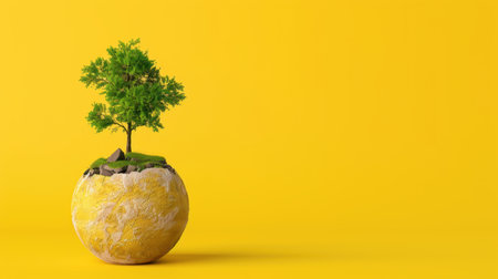 A small green tree emerges from a rock formation against a vibrant yellow background, symbolizing growth, vitality, and the beauty of nature.の素材