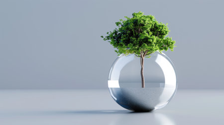 This striking image depicts a small tree nestled within a glass sphere, symbolizing the harmony between nature and modern design, perfect for promoting sustainability.の素材