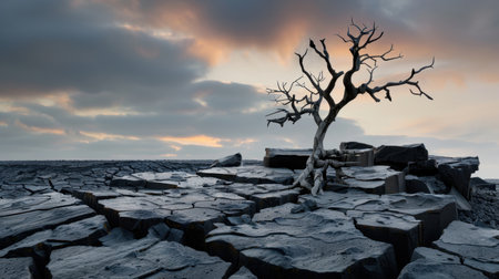 A captivating image of a solitary dead tree amidst cracked earth captures the essence of a barren landscape, reflecting themes of desolation and climate impact.の素材