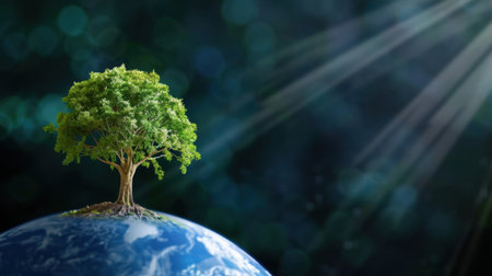 A vibrant tree stands alone on a small globe, symbolizing hope and growth in a cosmic setting. Rays of light illuminate the scene, highlighting nature's beauty.の素材