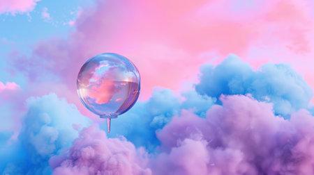 A stunning visual of a translucent bubble floating above fluffy clouds, reflecting the vibrant pastel colors of a dreamy sunset sky, creating a serene atmosphere.の素材