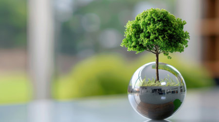 A small tree stands gracefully within a glass orb, emphasizing themes of sustainability and nature, perfect for enhancing modern decor and serenity.の素材