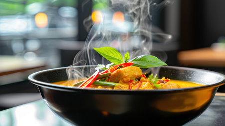 A steaming bowl of spicy curry showcases vibrant herbs and colorful ingredients, creating an inviting culinary experience in a modern restaurant ambiance.の素材