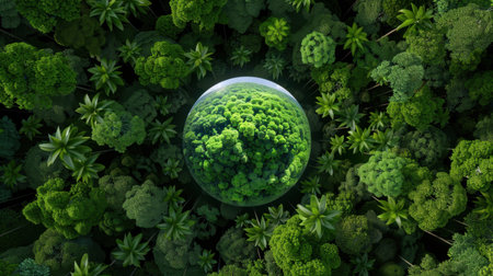 A captivating aerial view of a lush green forest encapsulated within a transparent sphere, symbolizing nature's preservation and the importance of environmental sustainability.の素材