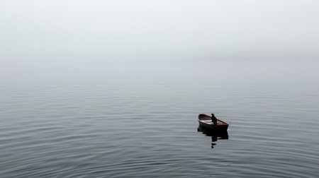 A tranquil scene featuring a small boat gently floating on calm water surrounded by thick fog. This serene landscape evokes feelings of solitude and reflection.の素材