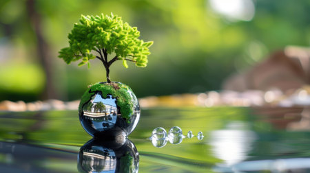 A miniature tree grows on a glass globe reflecting the serene natural surroundings, symbolizing sustainability and harmony with the earth beauty.の素材