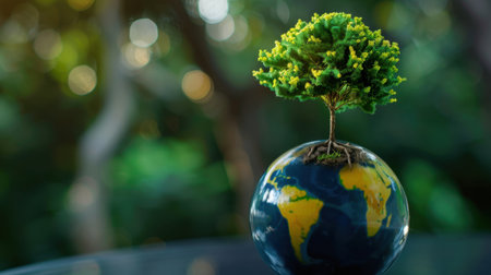 A small tree emerges from a miniature globe, representing the vital connection between nature and the earth. This image symbolizes the importance of sustainability and environmental conservation.の素材