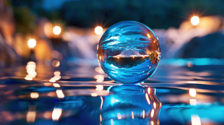 A stunning crystal sphere floats on the surface of calm water, reflecting soft lights and the tranquil beauty of nature during the night.の素材