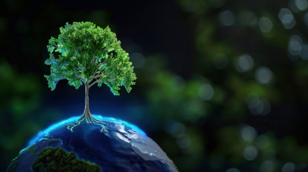 This stunning image features a vibrant tree emerging from Earth, radiating energy with its glowing roots. It symbolizes harmony and growth in nature.の素材