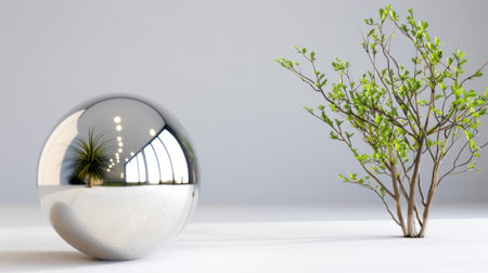 A stunning image showcasing a reflective metal sphere beside a minimalist plant, emphasizing modern design and tranquility in a contemporary interior space.の素材