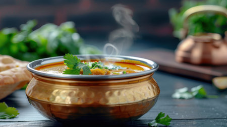 Experience a vibrant Indian curry served in an elegant copper bowl, complete with aromatic steam and fresh coriander garnish, perfect for culinary enthusiasts.の素材