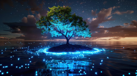 An enchanting scene featuring a solitary tree on a serene water surface, illuminated by a radiant blue glow, surrounded by twinkling stars, evoking tranquility and magic.の素材