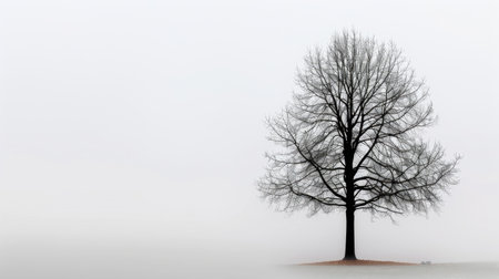 A striking solitary tree stands gracefully against a foggy background, creating a sense of solitude and tranquility in nature's ambience.の素材