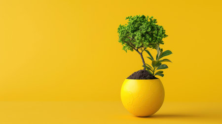 A striking green plant emerges from a stylish yellow pot, set against a sunny yellow backdrop. This image conveys freshness, positivity, and a minimalist aesthetic, perfect for home decor and gardening themes.の素材