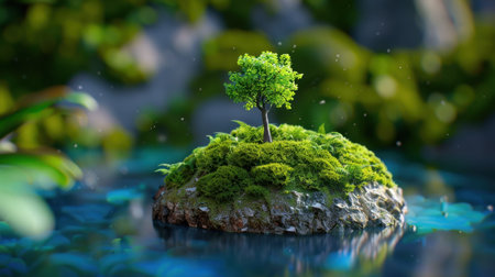 A stunning depiction of a solitary tree flourishing on a small rocky island, surrounded by sparkling water and thriving moss, creating a serene natural setting.の素材