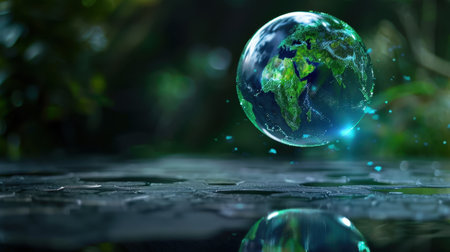 A stunning depiction of Earth as a vibrant globe surrounded by lush greenery and ethereal light, representing the beauty of nature and sustainability.の素材