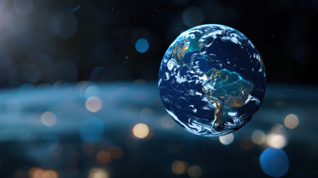 A captivating image of Earth from space, showcasing the vibrant blue oceans and continents against a dark cosmic backdrop filled with stars.の素材