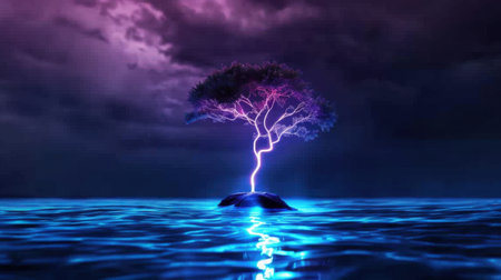 A striking scene of a solitary tree illuminated by lightning stands in calm waters under a dramatic purple sky. This ethereal image evokes feelings of solitude and wonder.の素材