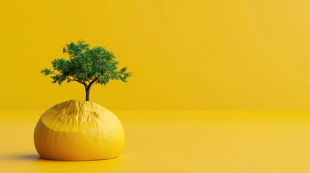 A vibrant tree emerges from bright yellow soil, showcasing themes of growth and renewal in a minimalist and sunny setting. Perfect for concepts of life.の素材