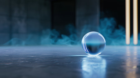 A stunning transparent sphere resting on a smooth surface, surrounded by ethereal mist and illuminated by dramatic lighting, creating a modern and surreal ambiance.の素材