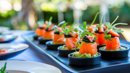An elegant display of salmon appetizers garnished with fresh greens and vibrant toppings, perfect for a gourmet outdoor event or celebration.の素材