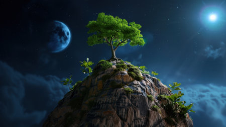 A striking scene showcasing a solitary tree atop a rocky mountain, illuminated by a luminous moon and a star-filled night sky, evoking feelings of peace and wonder.の素材