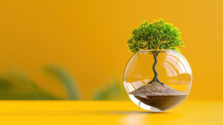 A vibrant green tree nestled inside a clear glass globe, placed against a yellow background. This image represents growth, sustainability, and harmony with nature, perfect for promoting eco-friendly concepts.の素材