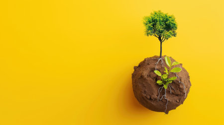 A vibrant small tree and green plant emerge from rich soil against a bright yellow background, symbolizing growth, ecology, and sustainability.の素材