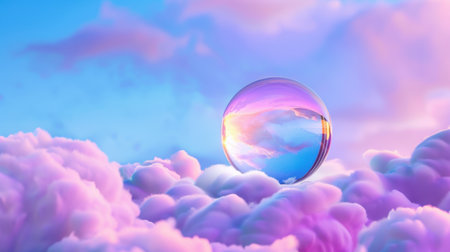 A mesmerizing bubble floats above soft pink and blue clouds, capturing a beautiful sunrise reflection, creating a dreamlike and serene atmosphere.の素材