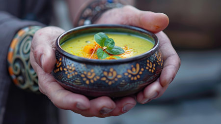A close-up of a hand holding a beautifully crafted bowl of vibrant soup, garnished with fresh herbs, showcasing culinary artistry and warmth in presentation.の素材