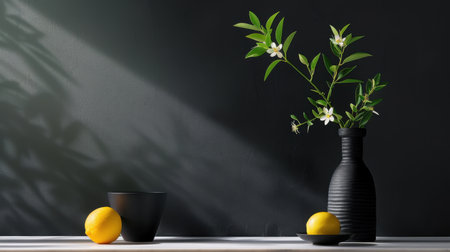 This serene still life composition features a black vase filled with green leaves and a delicate white blossom, accompanied by fresh lemons. The natural light casting soft shadows enhances the minimalist aesthetic against a dark background, creating a sense of tranquility and elegance in home decor and artistic photography.の素材
