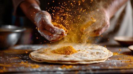 A close-up shot of hands mixing vibrant spices into a mound of flour while preparing traditional flatbread. The rustic kitchen ambiance and dusting of flour capture a creative cooking process full of heritage and flavor.の素材