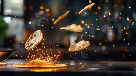 Vibrant floating flatbreads create a dynamic culinary scene bursting with energy and flavor, highlighting the art of cooking and creativity.の素材