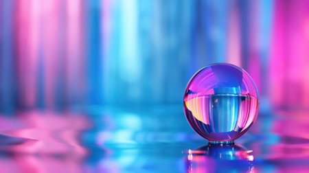 A captivating glass sphere reflects vibrant pink and blue hues on a smooth surface, creating an ethereal atmosphere perfect for artistic endeavors.の素材