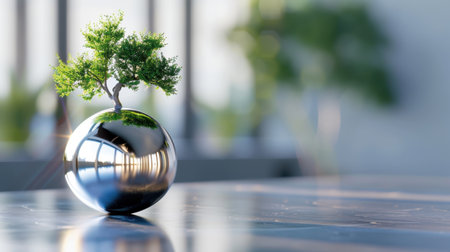 A small green tree emerges from a shiny sphere, symbolizing growth and harmony in a sleek and modern interior setting with soft light.の素材