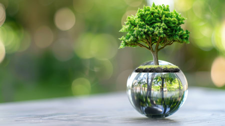 This captivating image showcases a miniature tree in a glass sphere, symbolizing nature beauty and serenity. The blurred background enhances its tranquility.の素材