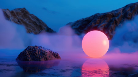This captivating image showcases a glowing pink sphere rising amidst misty mountains at dusk, creating an ethereal and surreal landscape.の素材