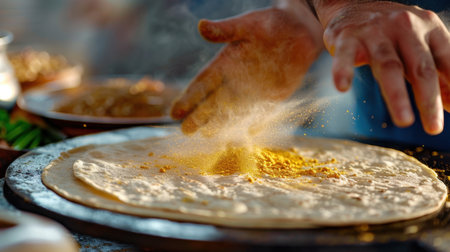 A close-up image showcases hands skillfully preparing traditional flatbread, dusting it with vibrant spices in a rustic kitchen environment, emphasizing culinary art.の素材